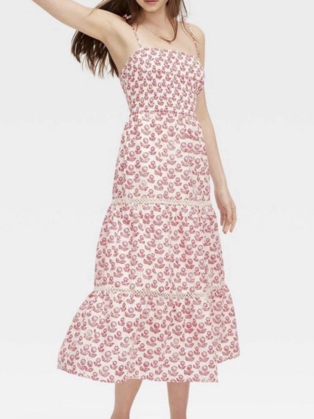 Roller Rabbit Pink Floral Smocked Tiered Midi Dress